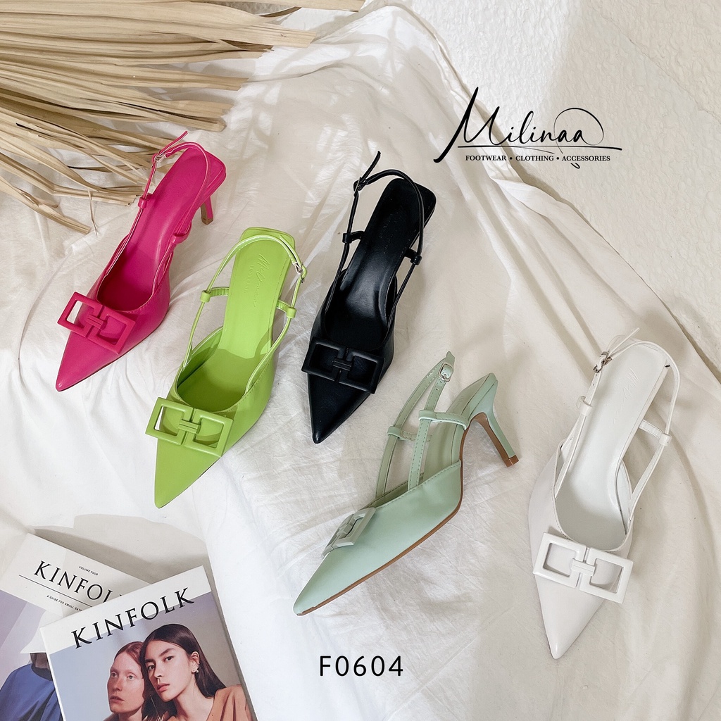 GIÀY CAO GÓT NỮ SLINGBACK GÓT NHỌN 7P BÍT MŨI PHỐI KHÓA 2 Ô VUÔNG DA MỀM F0604