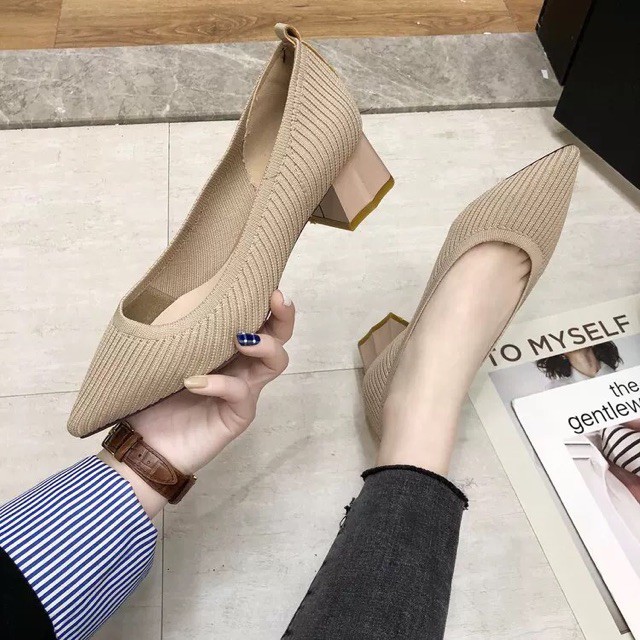 Sz 34-39 Giày chun mũi nhọn gót vuông 5cm