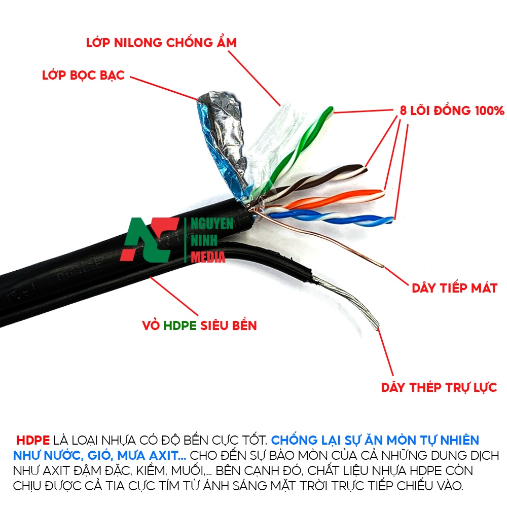 Dây Mạng Ngoài Trời HIDEKI Cat5e FTP 8 Lõi Đồng Nguyên Chất, Bọc Bạc Và Có Thép Chịu Lực, Vỏ HDPE Siêu Bền - Chính Hãng