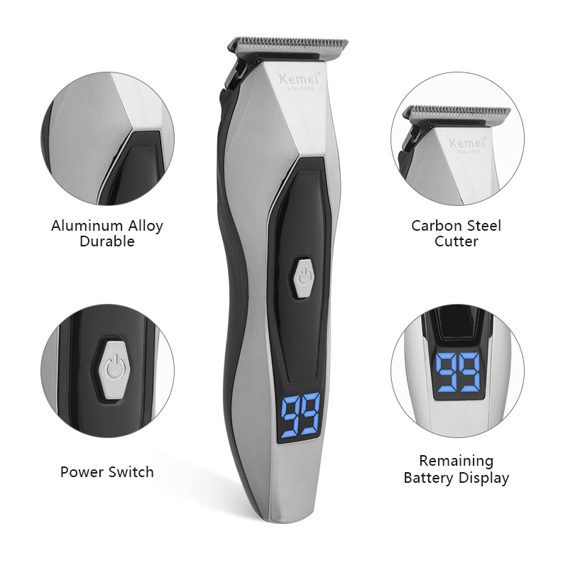 Tông đơ cắt tóc cạo râu nam Kemei KM-1656 LCD USB 1200mAh điều chỉnh 2 tốc độ