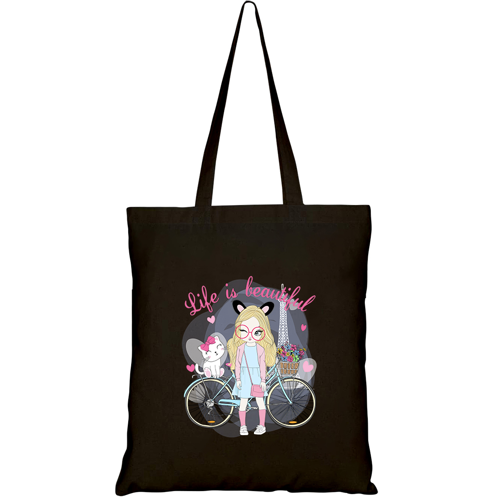 Túi vải tote canvas HTFashion in hình cute girl with cat HT105