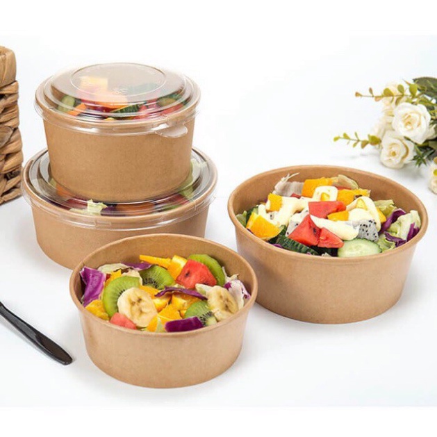 đồ đựng bánh kem [FREESHIP❤️] 50 Tô Giấy Kraft Salad Nâu Đựng Thức Ăn, Salad, Bánh Bông Lan Có Nắp PP, Nắp Pet