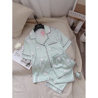 Đồ bộ ngủ pyjama lụa tay ngắn quần dài hoạ tiết gấu xanh cao cấp