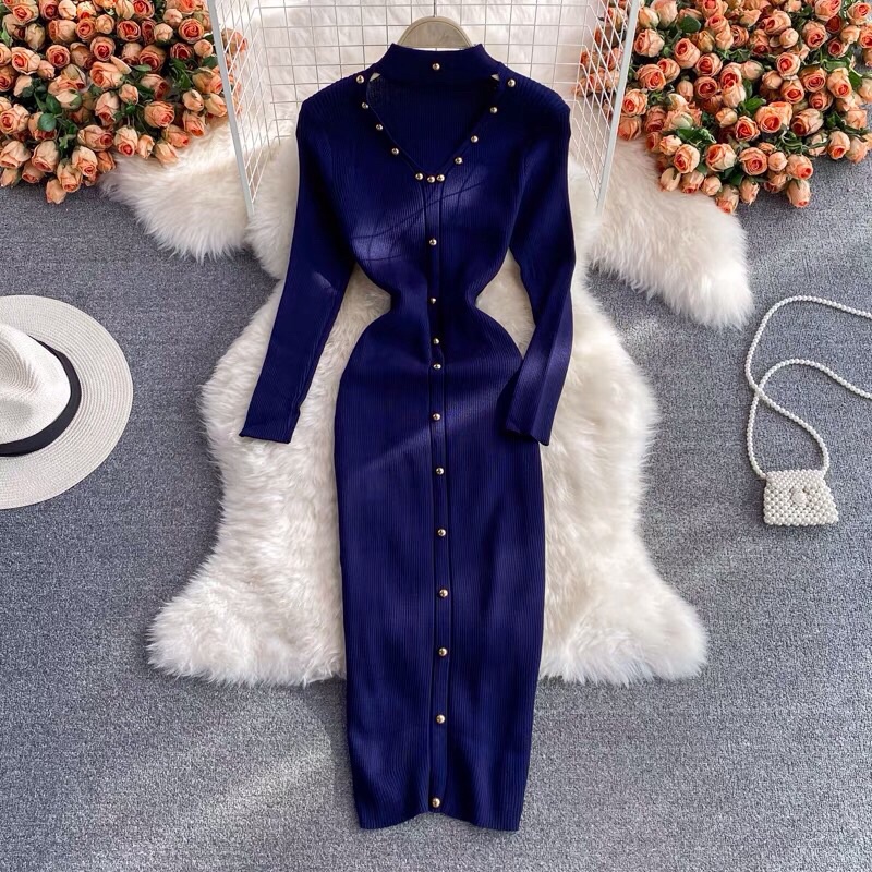 Đầm len nữ body khoét cổ, đầm ôm tôn dáng