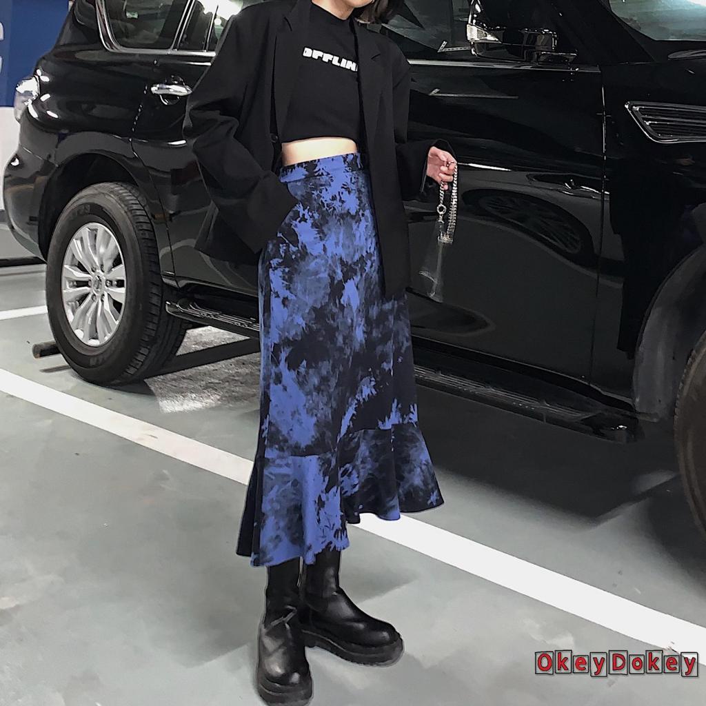 OKDK-Women Fashion Tie-dye Skirt Ladies Female Stylish Ruffle Hem Skirt