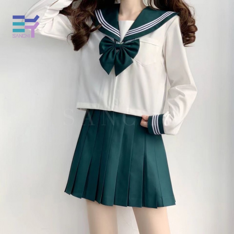 Sanchi Bộ Đồng Phục Nữ Sinh Nhật Bản jk Váy Dài Xếp Ly Ba Sổ Tay Ngắn Màu Xanh Lá Đậm Phong Cách Cơ Bản