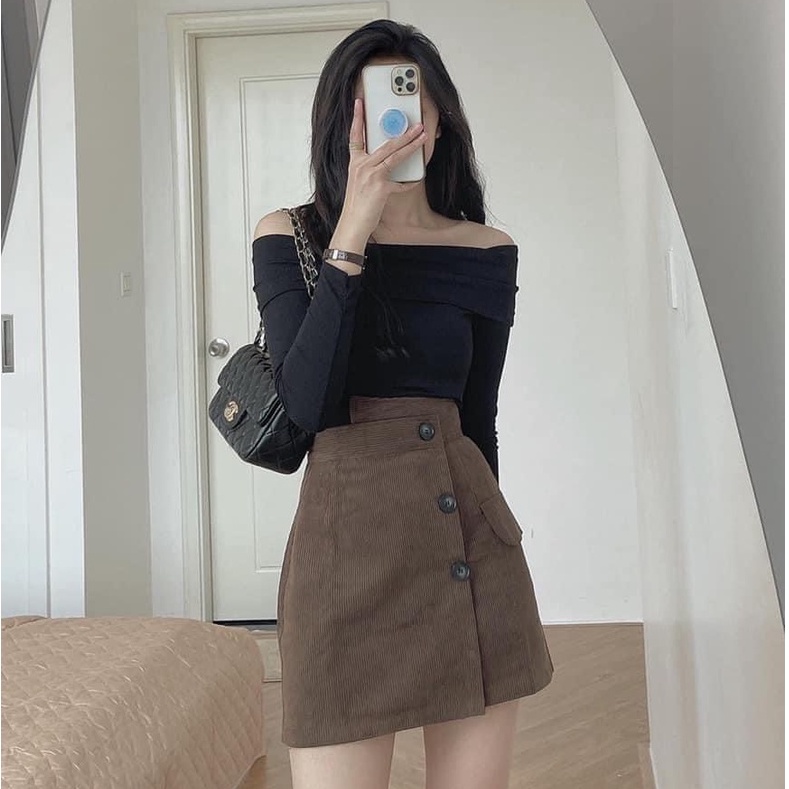 Chân Váy Cạp Cao 3 Cúc Chất Nhung Tắm + Kèm Áo Tăm Trễ Vai Sexy - Loại Một