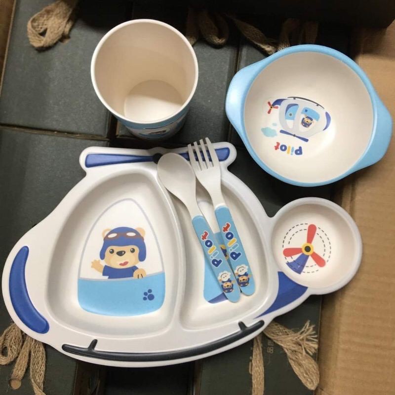 Set 5 món Khay, Bát, Cốc, Thìa, Dĩa ăn dặm hình máy bay - Hữu cơ tự nhiên SHALL