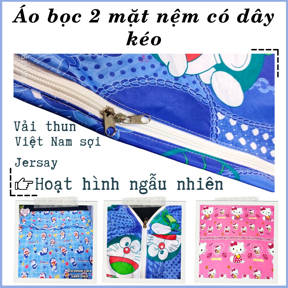 [Hoạt hình ngẫu nhiên] Áo bọc nệm 2 mặt có dây kéo full size vải thun lạnh Việt Nam sợi Jersay mẫu sọc vỏ bọc bảo vệ nệm