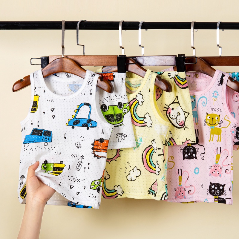 [THOMAS KIDS] 1-9 Tuổi Set Đồ 2 Món Gồm Áo Thun Sát Nách In Hình Khủng Long + Quần Ngắn Phối Lưới 100% Cotton Cho Bé Trai / Gái