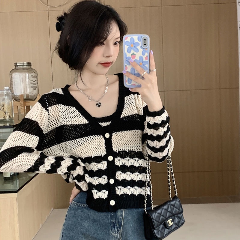 Set Áo Dây Dệt Kim Họa Tiết Kẻ Sọc Và Áo Khoác cardigan Thời Trang Nữ Tính