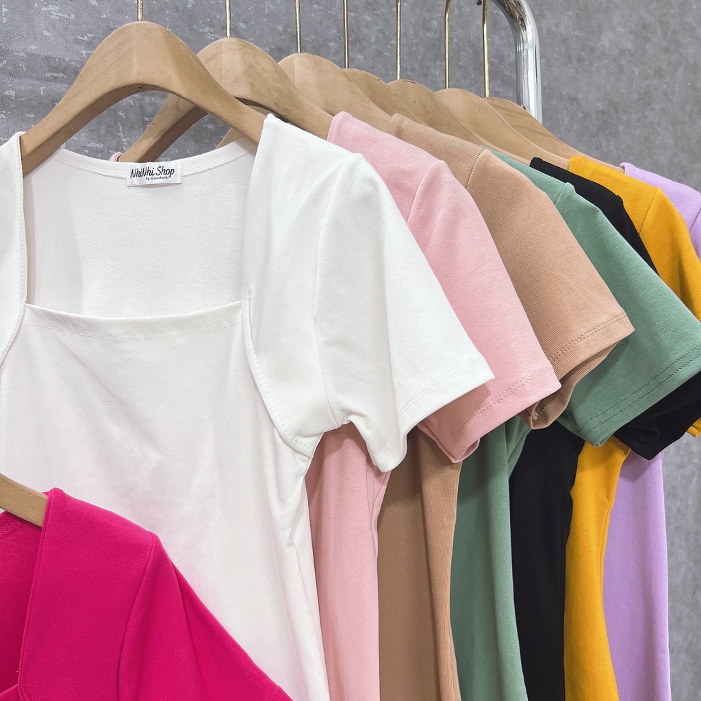 Áo thun kiểu cổ vuông cộc tay, Áo kiểu ngắn tay dáng ôm cổ U vải cotton co giãn CS1269 - NhiNhi Shop