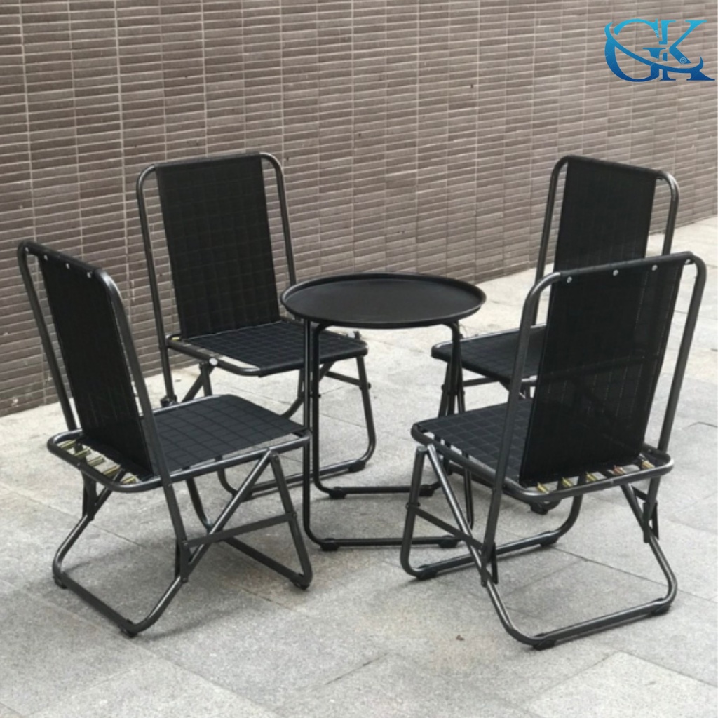 Bộ 4 ghế 1 Bàn sắt đen, lưng thấp 75cm, không trày sơn theo thời gian, sử dung trong quán cafe trà sữa