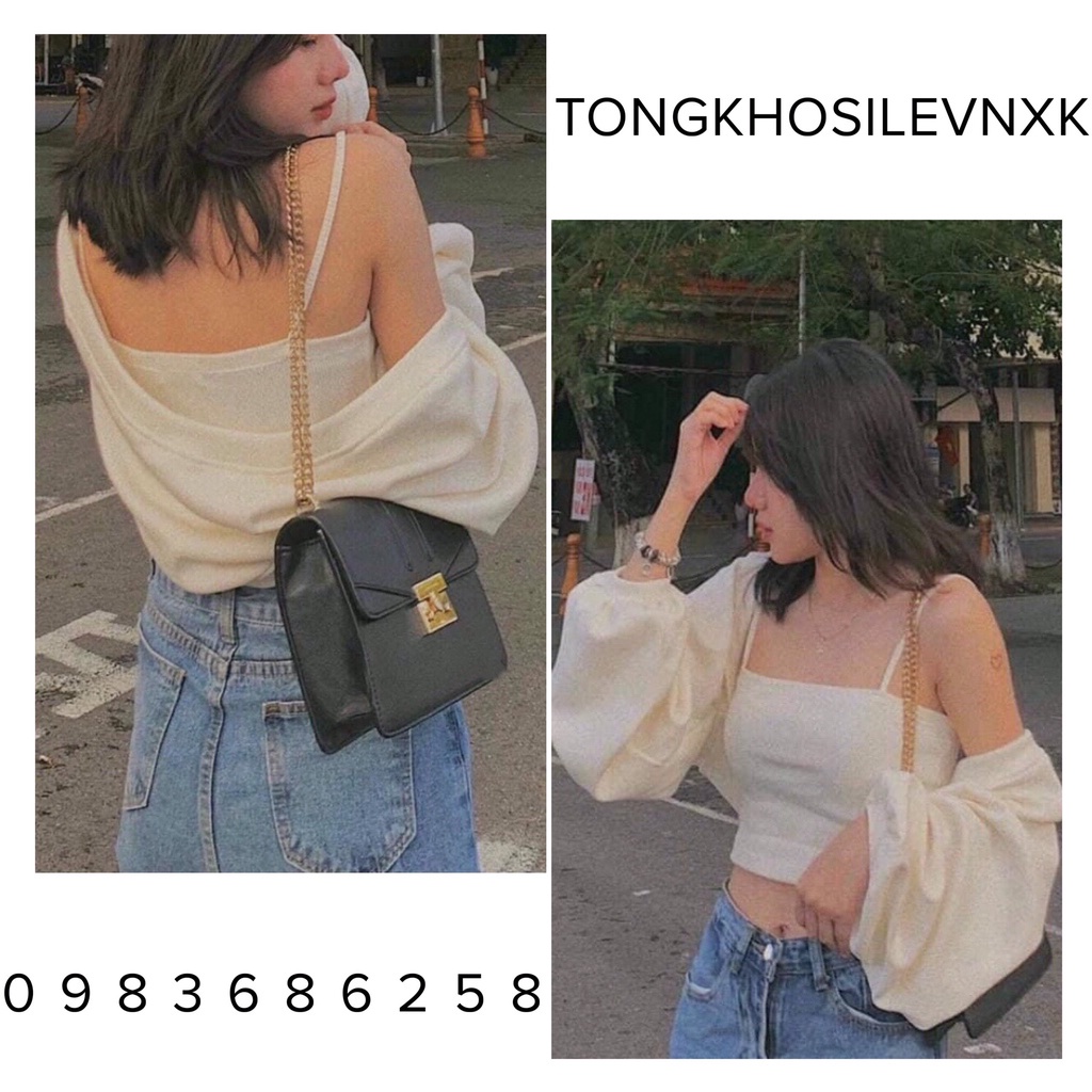 Set Áo Hai Dây + Áo Khoác Cardigan Màu Trơn Croptop - Bộ Áo Khoác Cánh Dơi Tay Phồng Dài Tay Áo Quây Nữ Trắng