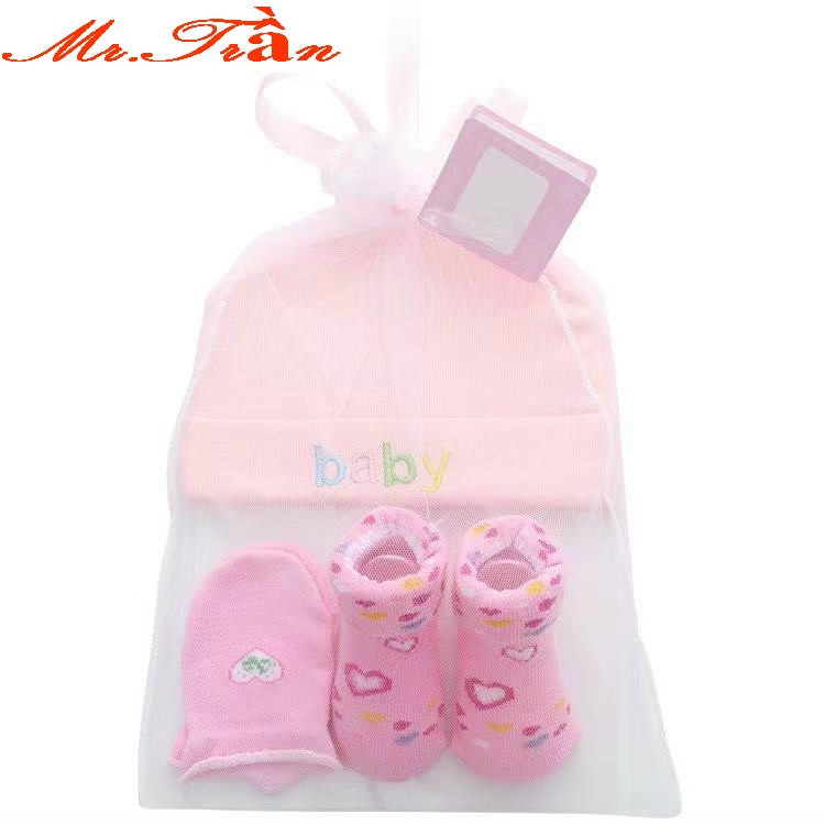 Set 3 món bao tay, bao chân và mũ thóp loại cao cấp siêu mềm cho bé sơ sinh trong túi lưới