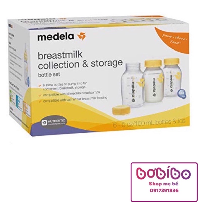Set 6 bình trữ sữa MEDELA 150ml in logo chính hãng nguyên hộp kèm túi tiệt trùng
