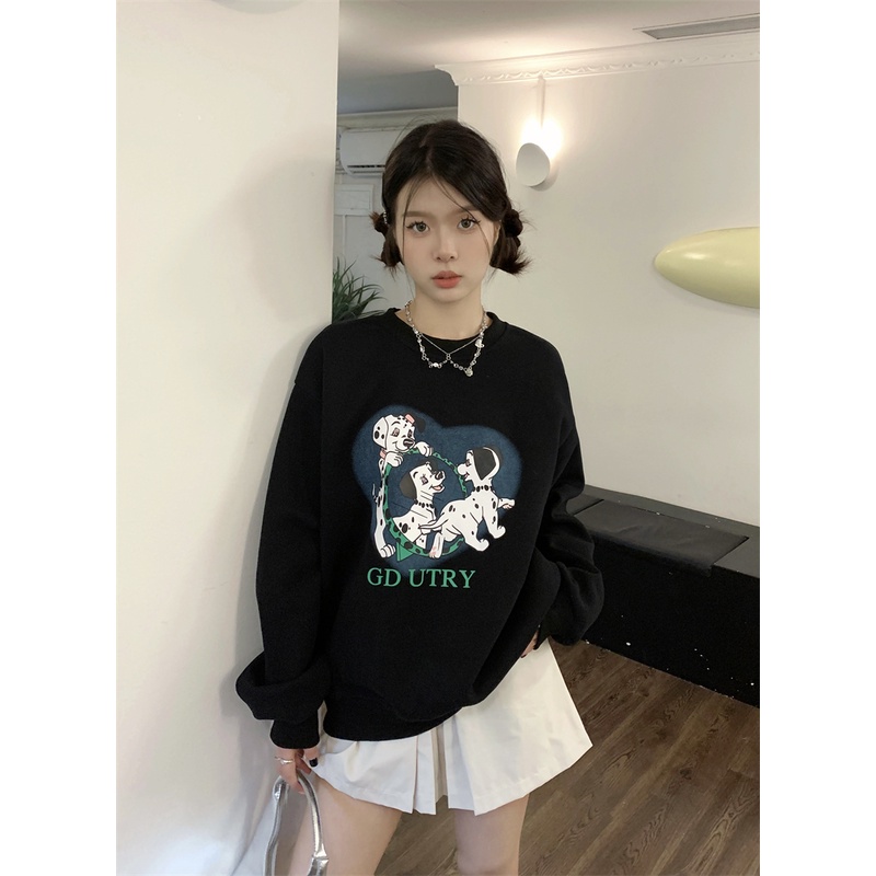 Áo Nỉ Dài Tay Cổ Tròn Form Rộng In Hình Cún Phong Cách Retro