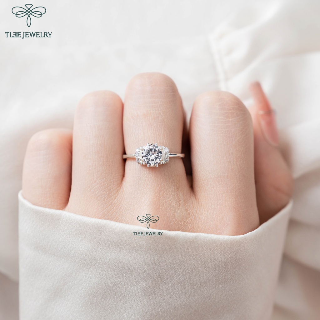 Nhẫn bạc nữ TLEE trụ đá 7li viền đính đá cao cấp TleeJewelry A0188