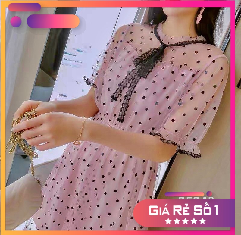 Đầm Lưới Bi Tay Áo Ngắn Xòe,Cổ Có Nơ Duyên Dáng .TH