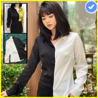 Áo sơ mi nữ đen pha trắng 💖Vải lụa💖Áo lụa đen trắng dài tay phom ôm vừa