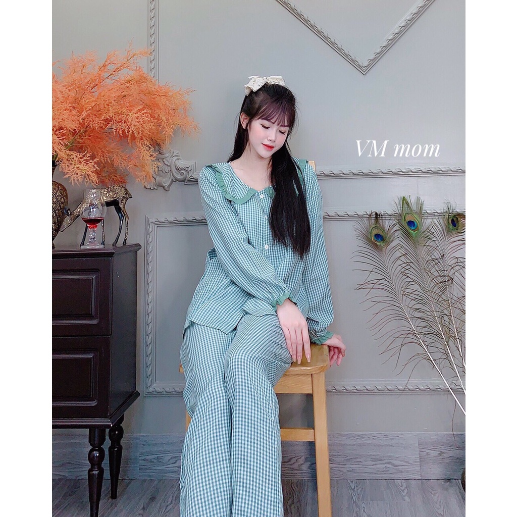 Bộ đồ bầu và sau sinh kẻ cổ ren chất đẹp, có khóa kéo cho bé ti BD194