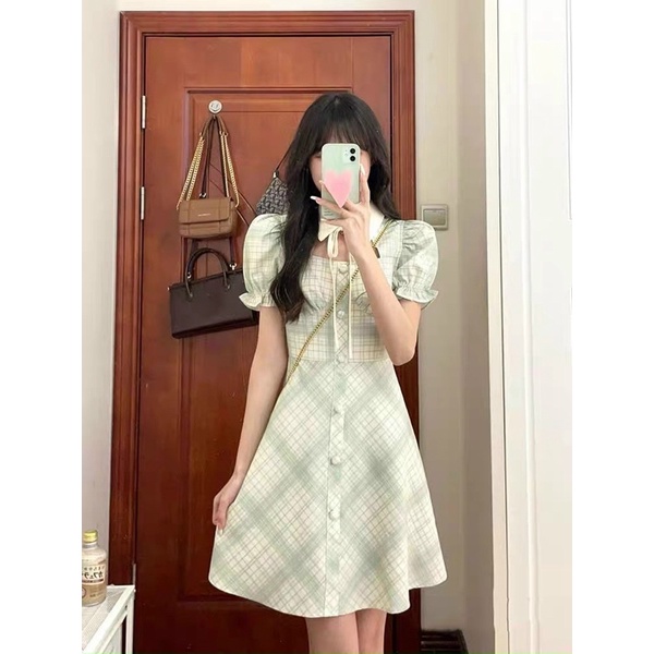 ĐẦM CARO XANH CUT OUT NGỰC CỔ SƠ MI