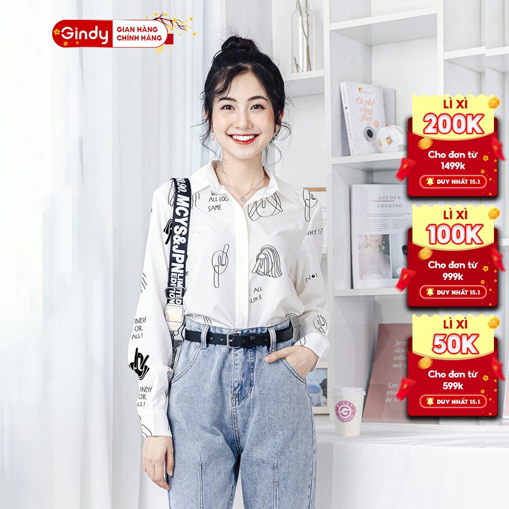 Áo sơ mi nữ họa tiết cổ bẻ dài tay vải kate GINDY dáng suông form rộng kiểu Hàn Quốc thời trang xuân hè A6139