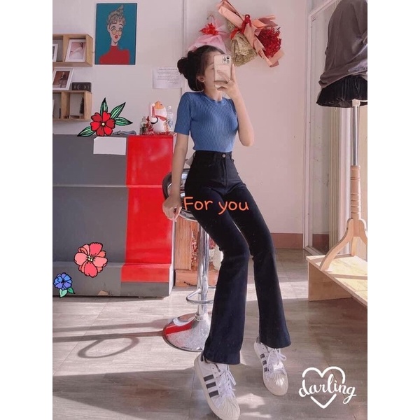 Quần jean vẩy trơn,quần bò loe lưng cao co giãn chất mềm mại