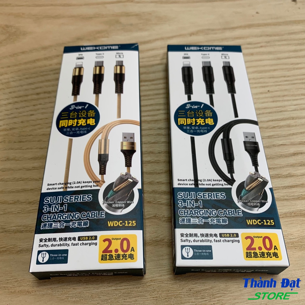 Cáp sạc Điện Thoại 3 đầu WK 091/WK WDC-125 loại xịn, Dây Dù, hỗ trợ sạc nhanh