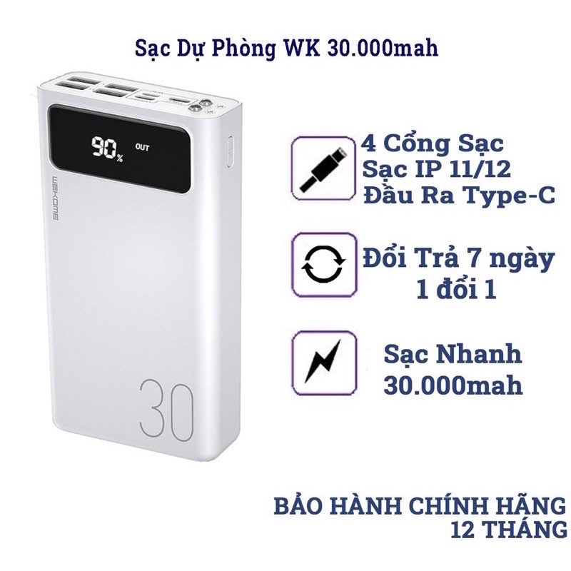 Pin sạc dự phòng 30000mah WK 175, đèn led hiển thị pin, 4 cổng USB đa năng, hàng chính hãng