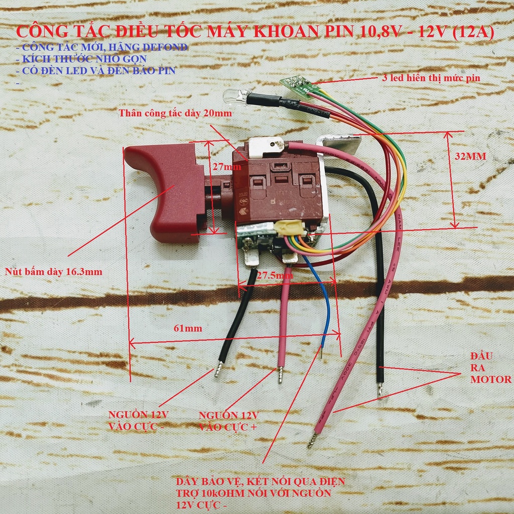 SV Công tắc điều tốc cho máy khoan pin 10,8V - 12V 12A EGD-1112B
