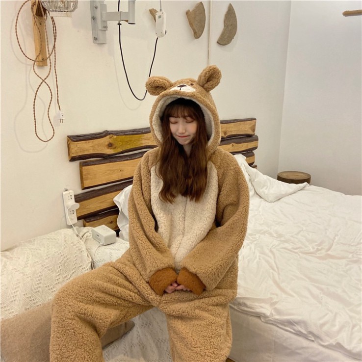 Bộ lông gấu màu nâu, bộ gấu liền thân thêu hình đẹp cho nữ siêu ấm, đồ ngủ mùa đông lông cừu giữ nhiệt tốt - Tjt Còi 1 | BigBuy360 - bigbuy360.vn