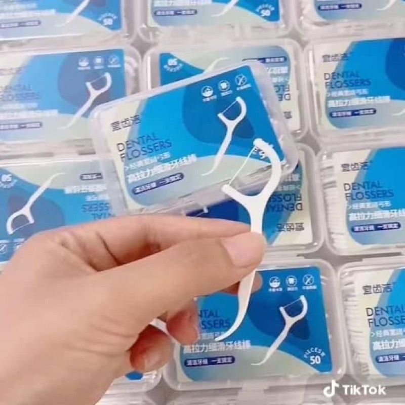 Tăm chỉ nha khoa hộp 50 cái tiệt trùng an toàn, sợi chỉ mảnh chất lượng cao bảo vệ răng nướu