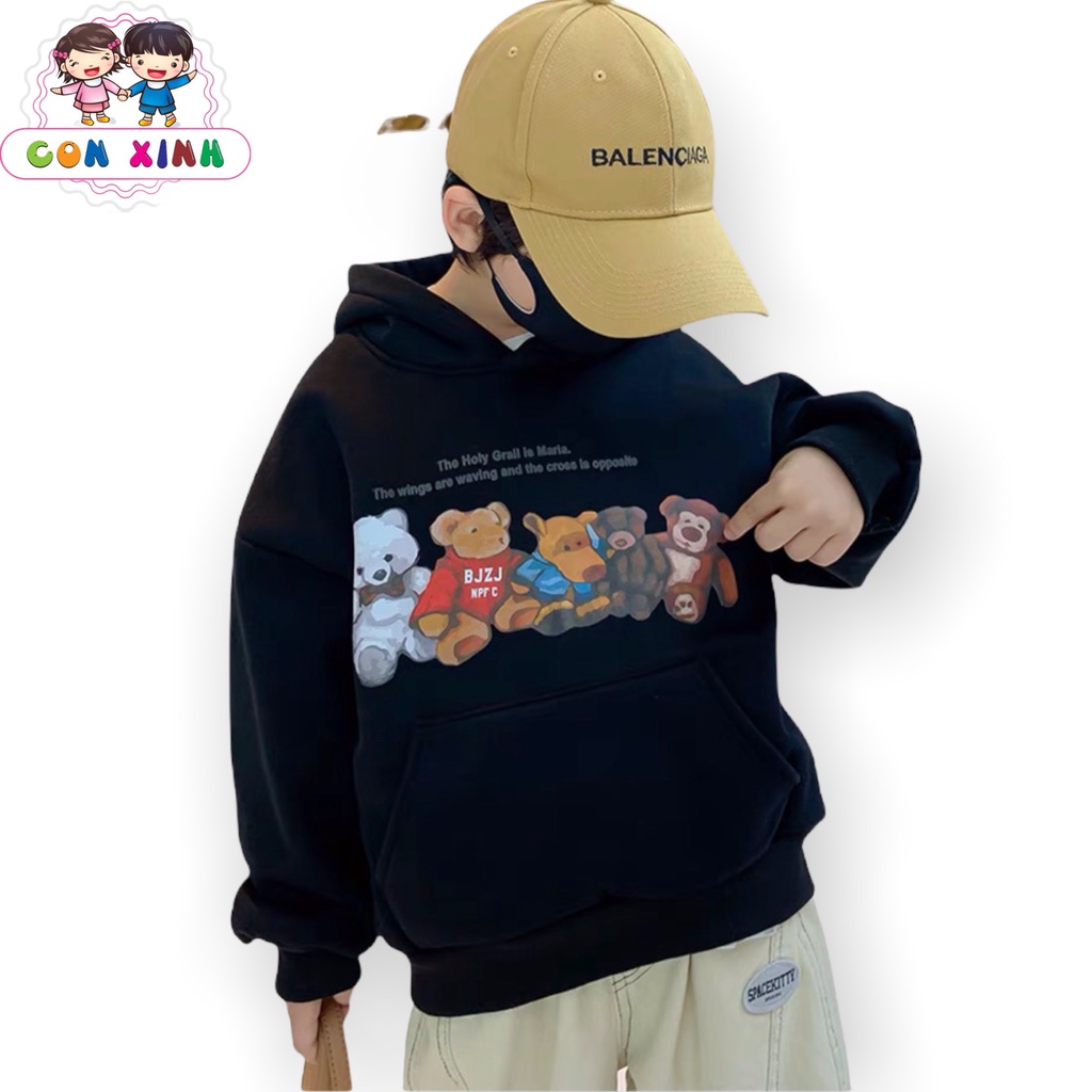 Áo hoodie unisex CON XINH form rộng nỉ nam nữ NHỮNG CHÚ GẤU thời trang thu đông cho trẻ em từ 4 đến 8 tuổi