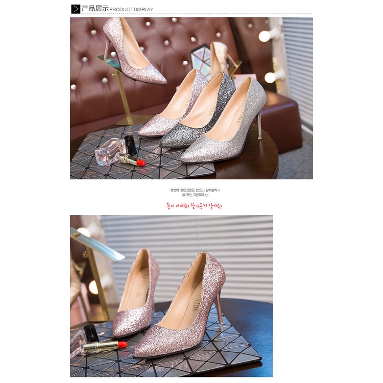 Giày Cao Gót Mũi Nhọn Đính Kim Tuyến Lấp Lánh Thời Trang Xuân Thu Cho Phù Dâu