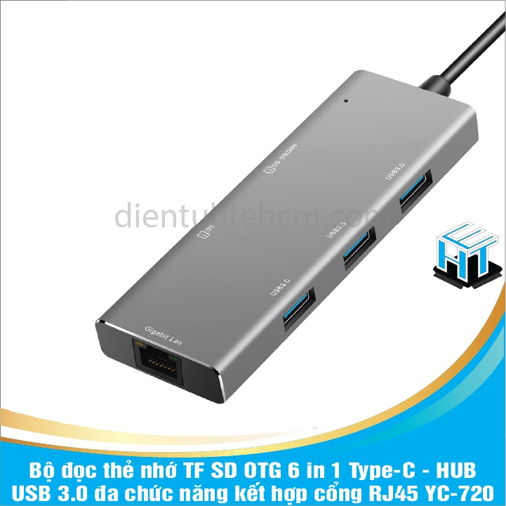 Bộ đọc thẻ nhớ TF SD OTG 6 in 1 Type-C - HUB USB 3.0 đa chức năng kết hợp cổng RJ45 YC-720