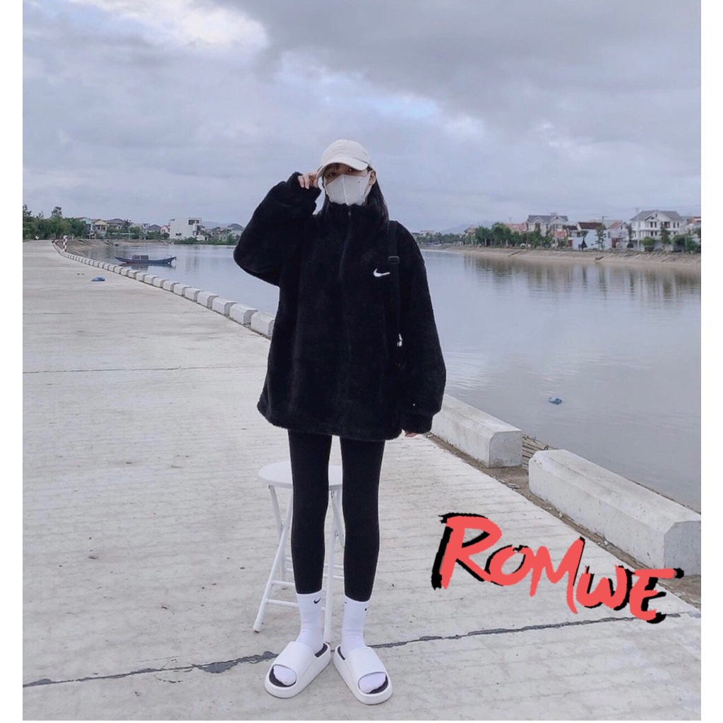Áo sweater nữ romwe lông cừu họa tiết NI phối khóa cổ lọ tay dài form rộng hàn quốc