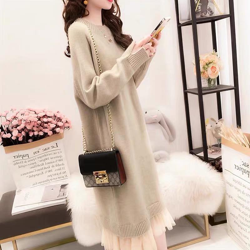 MS838 Váy đầm len nữ trơn chân ren 2 tầng tiểu thư