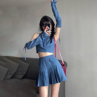 Bộ Áo Khoác Ngắn Dáng Ôm + Chân Váy Lưng Cao Xếp Ly Phong Cách Cao Bồi Ngọt Ngào Thời Trang Mùa Hè Mới Cho Nữ 2021