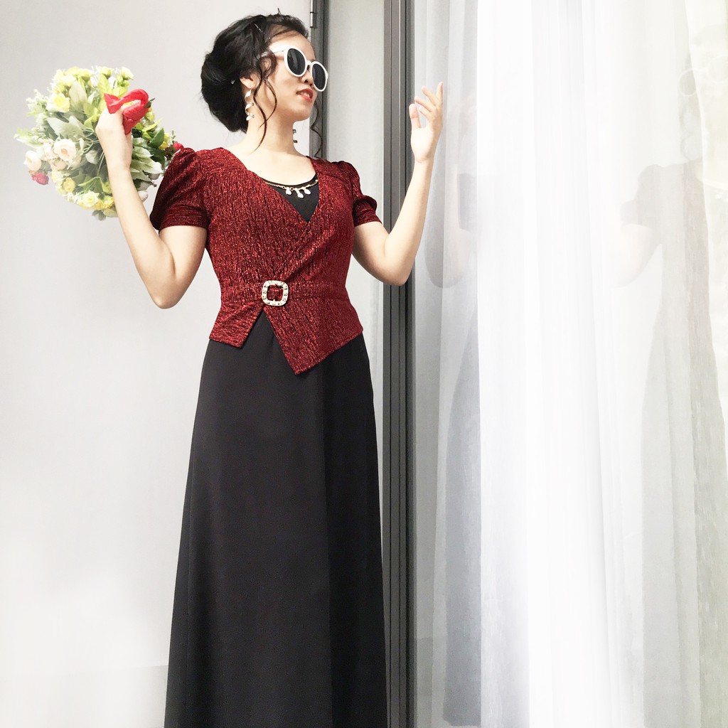 Đầm trung niên sang trọng dáng dài, váy trung niên maxi nhũ tay phồng Moroni | BigBuy360 - bigbuy360.vn