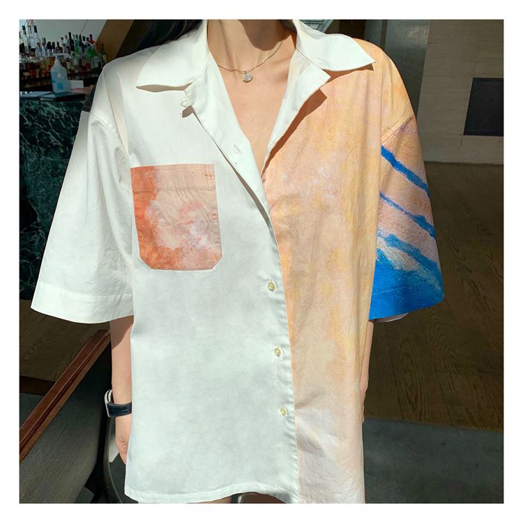 Áo Sơ Mi Tay Ngắn Dáng Rộng In Họa Tiết Tranh Sơn Dầu Thời Trang Mùa Hè 2022 Cho Nữ