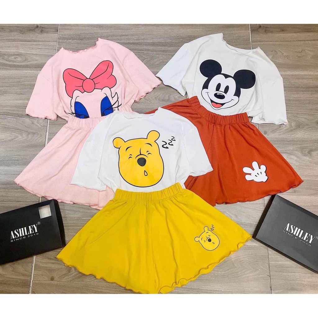 SET BỘ NGỦ VIỀN BÈO HOẠT HÌNH GẤU - VỊT - CHUỘT MICKEY MIX QUẦN ĐÙI GIẢ VÁY ULZZANG NHIỀU MÀU