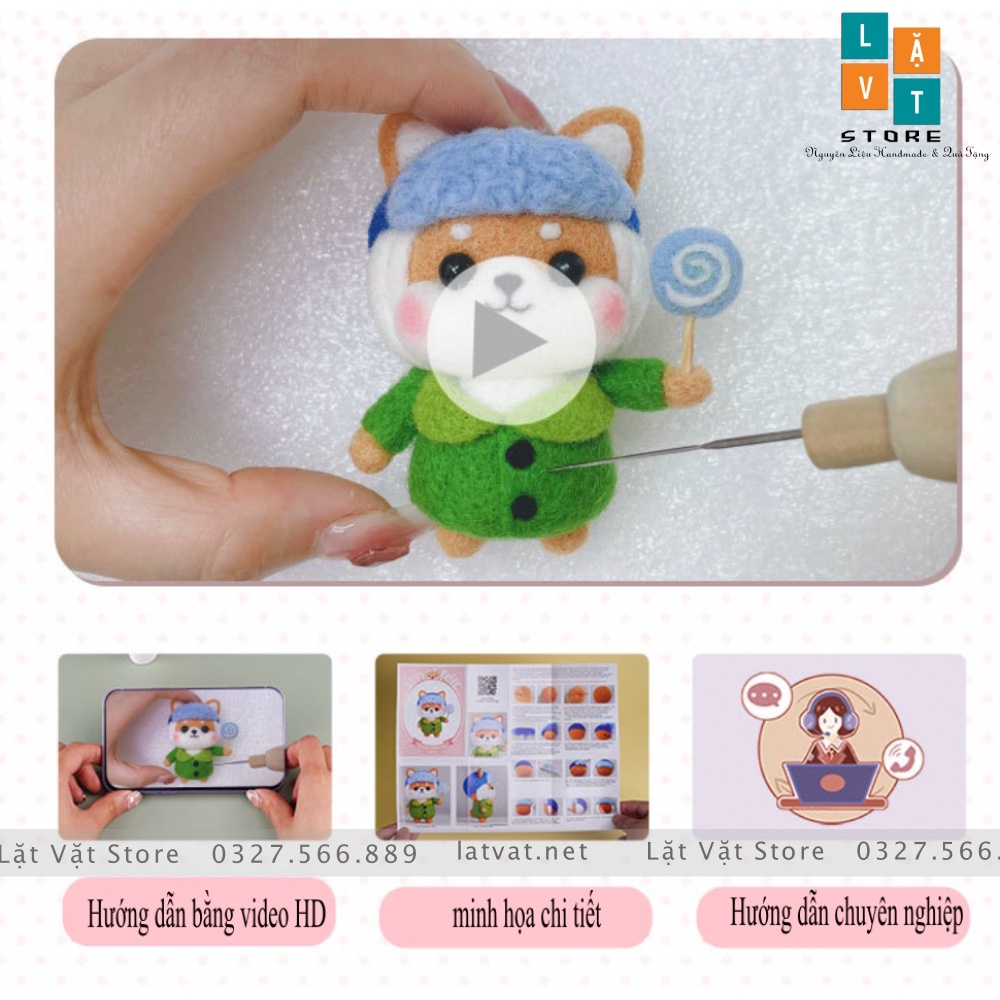 Bộ len chọc Gia Đình Dễ thương có hướng dẫn video, cách làm đơn giản làm quà tặng, needle felting shiba,pig.