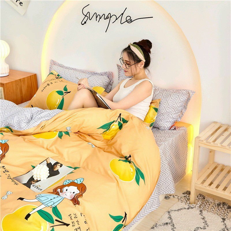 Bộ chăn ga gối cotton poly Lidaco decor phòng ngủ vintage - Em Bé Cam ( SP001288)