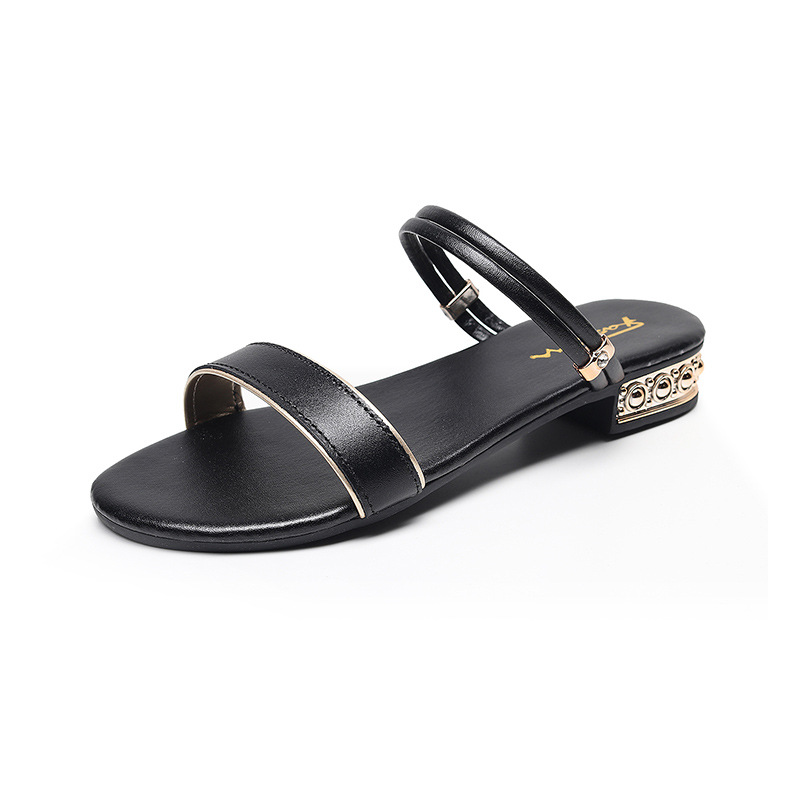 IELGY Sandals Women's Leather Korean Round Toe Rhinestone Flats