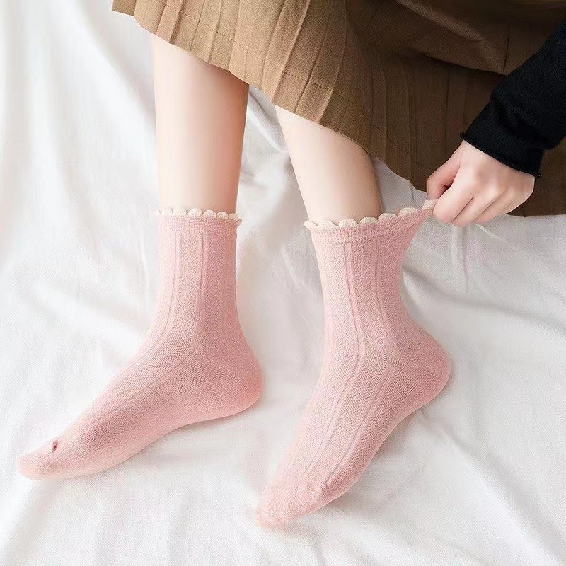 Tất cotton ống vừa phối ren màu trơn phong cách đơn giản linh hoạt cho nữ