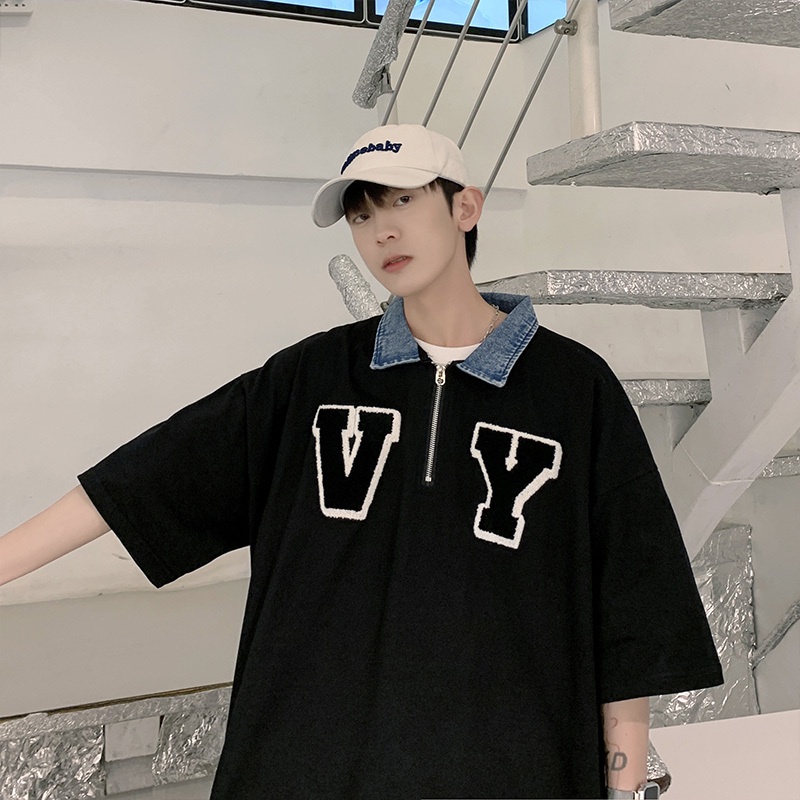 Áo Thun Tay Ngắn Cổ Polo Chất Liệu Denim Có Khóa Kéo In Chữ Phong Cách Hàn Quốc Cho Cặp Đôi