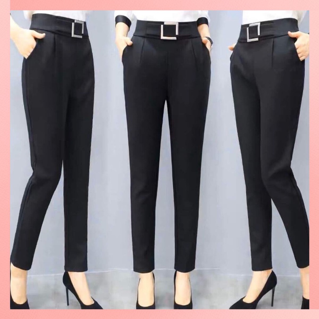 Quần vải nữ baggy💖Quần tây công sở tuyết mưa khóa sườn cạp cao phối đai vuông có big size