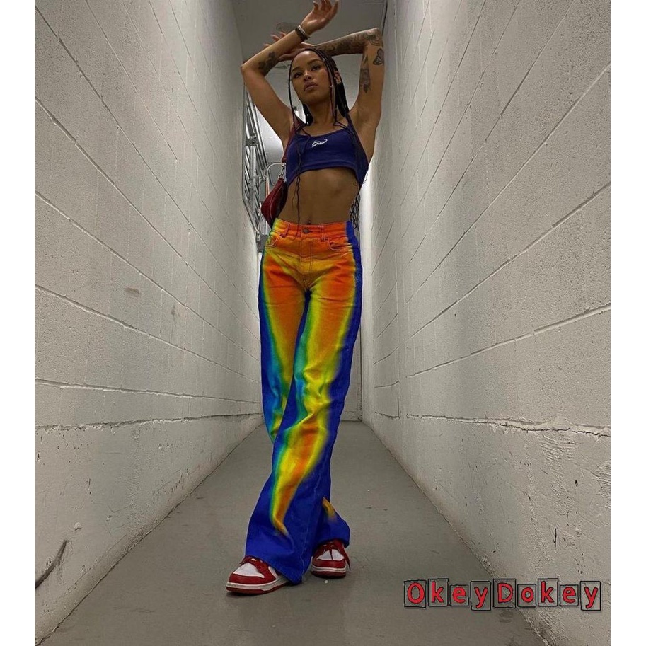 Quần ống rộng Lưng Cao Nhuộm Màu Độc Đáo Thời Trang Đường Phố Cho Nữ OKDK-Y2K