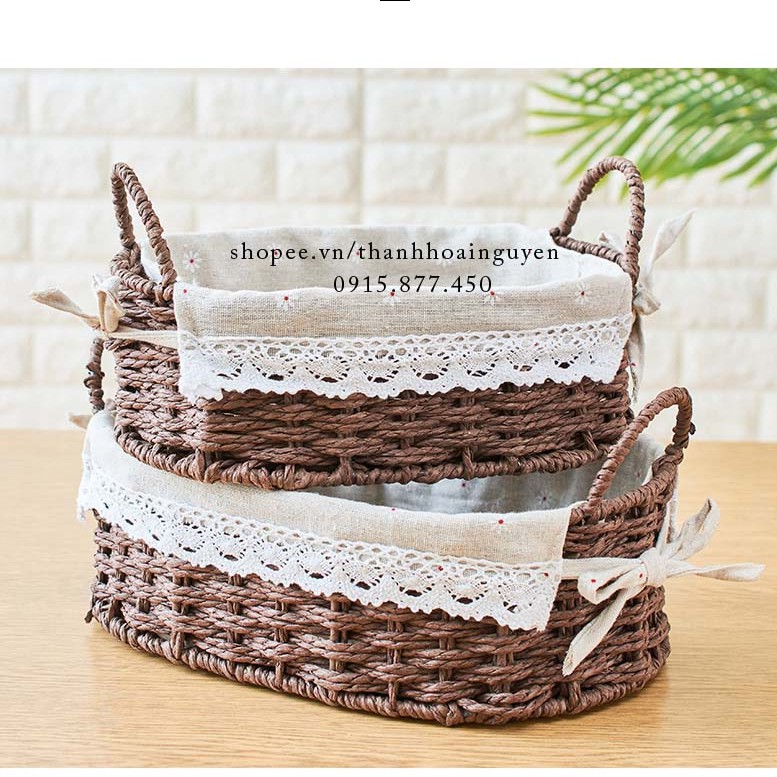 Giỏ mây có tay cầm lót vải ren hoa vintage ( Rổ đi picnic xinh xắn decor chụp ảnh ) | BigBuy360 - bigbuy360.vn